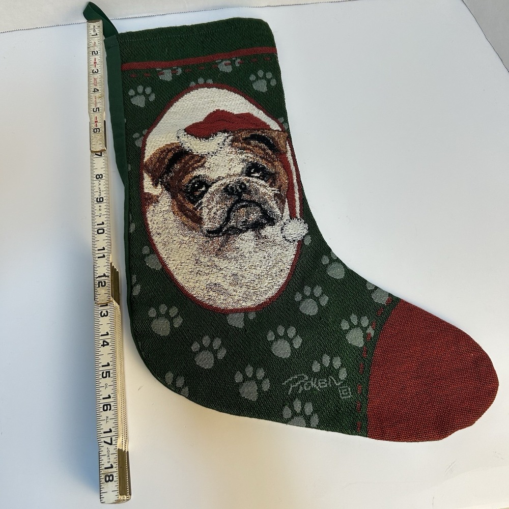 Bulldog‎ Santa Hat Dog Christmas Stocking Tapestry Holiday Linda Pickens Artist